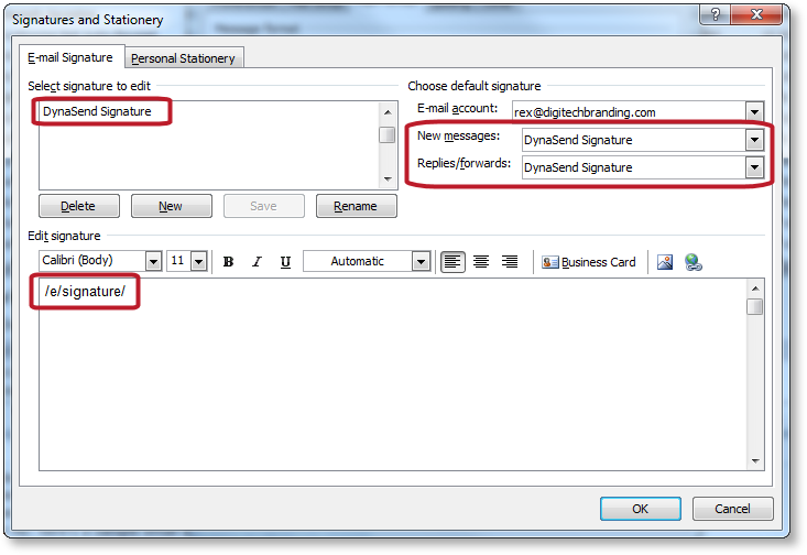email signatures dialog settings