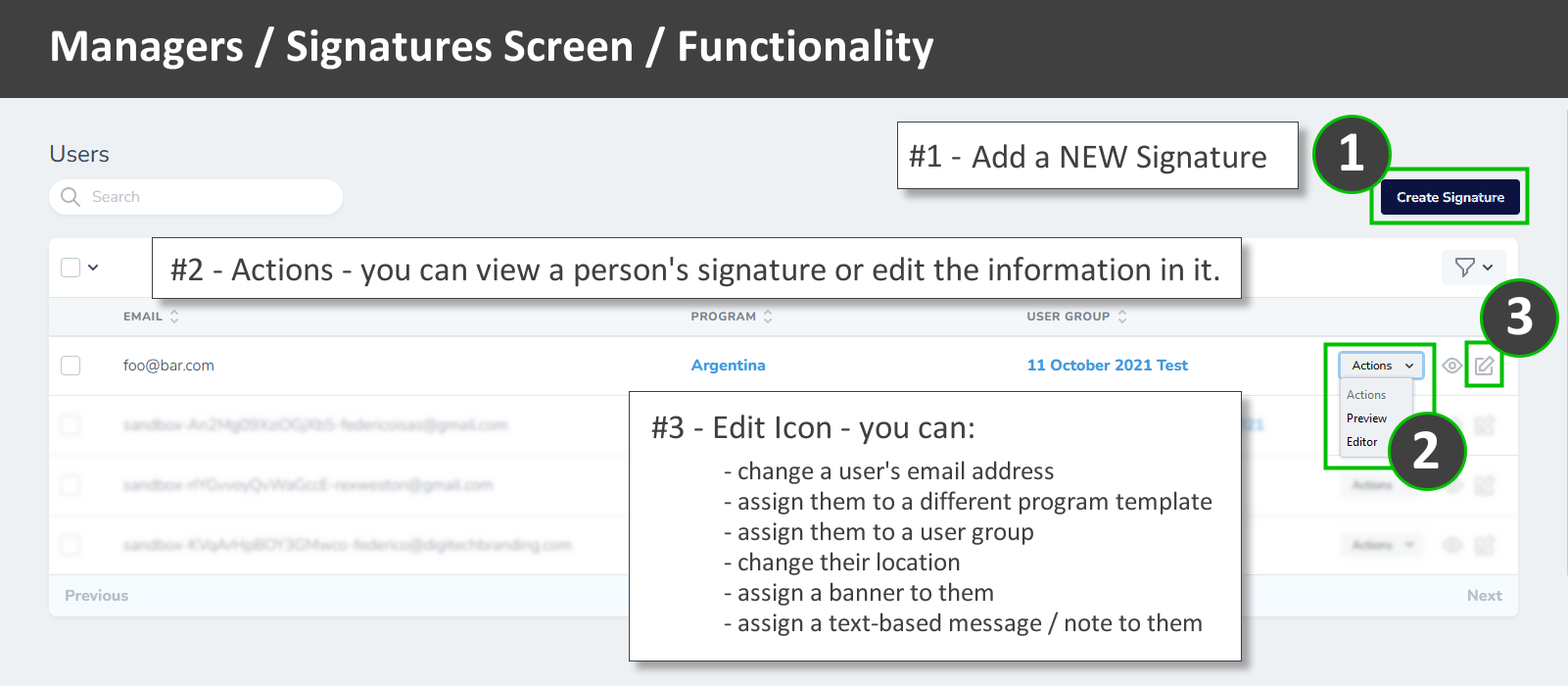 managers email signature dashboard functionality - users