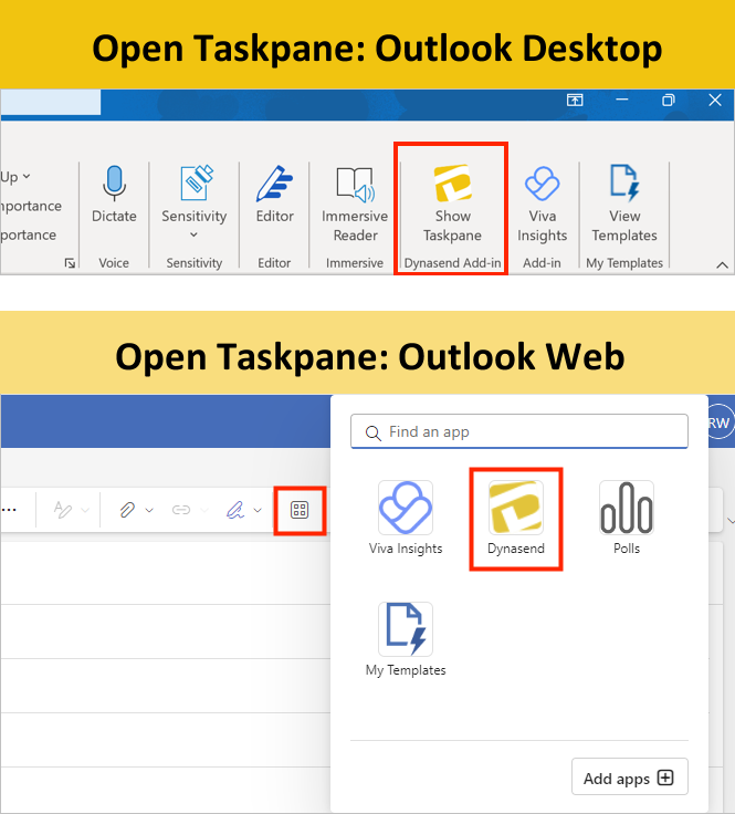 how to open the Dynasend taskpane