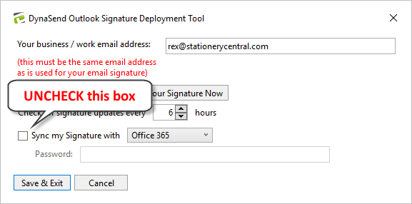 Email signature - uncheck Office 365 sync